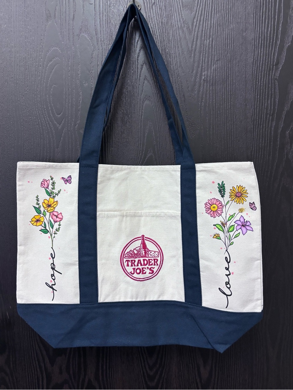 Trader Joe’s Canvas Tote Bag in Navy and Cream- with floral accents